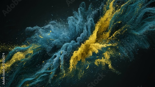 abstract background with dark blue and yellow particles, featuring dynamic swirls and bursts of color against a dark backdrop