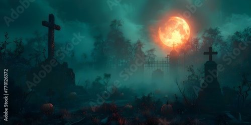 Creating a Spooky Halloween Scene with Moon  Pumpkins  Trees  Graveyard  Ghosts  and Eerie Atmosphere. Concept Halloween Scene  Moon  Pumpkins  Trees  Graveyard  Ghosts  Eerie Atmosphere