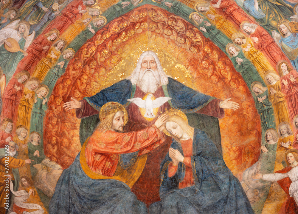 MILAN, ITALY - MARCH 8, 2024: The central part of  fresco of Coronation of Virgin Mary in the apse of Basilica di San Simpliciano by  Ambrogio da Fossano detto il Bergognone (1453 – 1523).