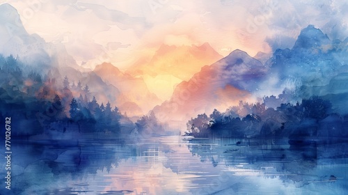 Close-up view of a dreamy watercolor landscape painting, providing serene and picturesque wallpaper.