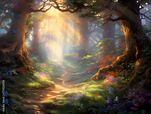 Beautiful fantasy landscape with magic forest and bright sunbeams.