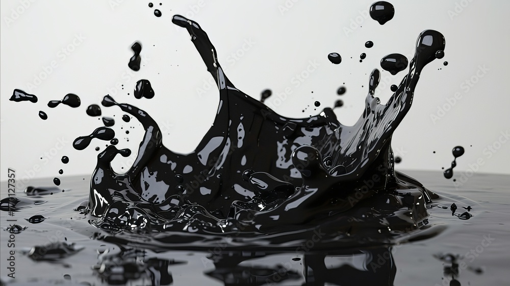A splash of black liquid in a gray background. Dynamic splashes in a gray room. The black liquid that fills the room.