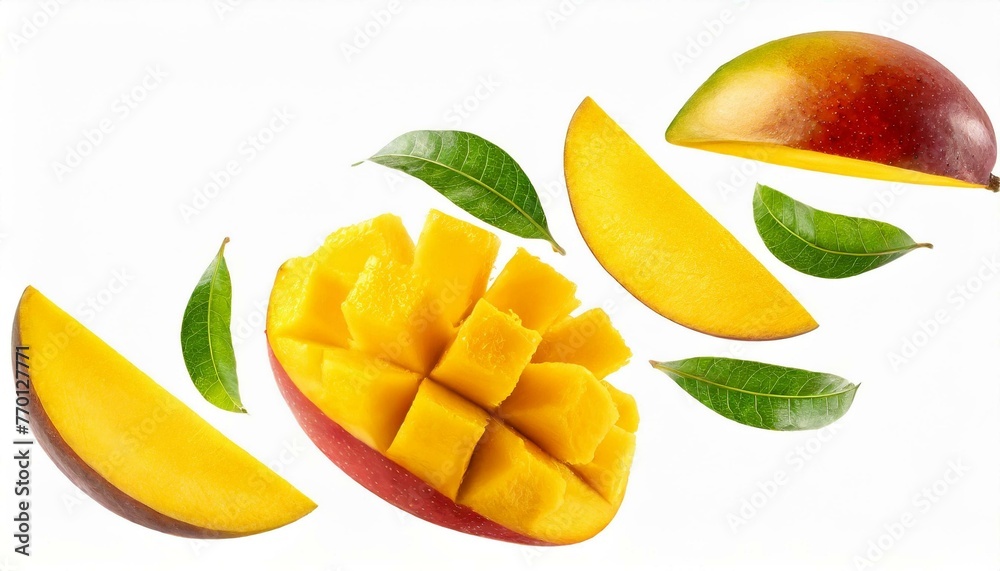 Mango slices flying isolated on a white background.