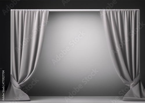 Grey fabric curtains pulled back on a theatre stage with a spotlight in the center