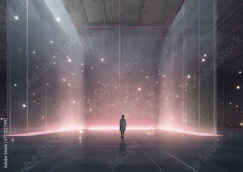 futuristic light installation in a vast concrete space with a woman standing in the center © AbdulkareemAmmar