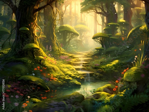 Fantasy landscape with a river flowing through the forest. Digital painting.