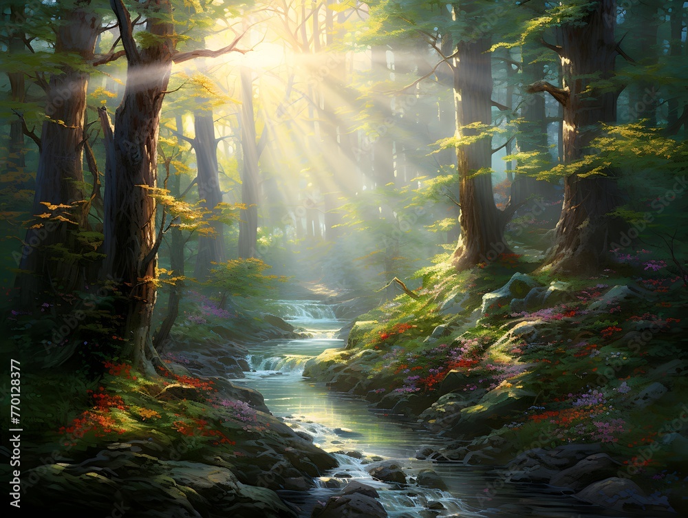 Autumn forest with a stream and sunbeams. Panoramic image.
