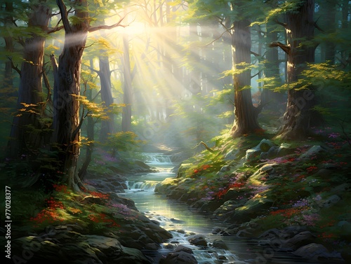 Autumn forest with a stream and sunbeams. Panoramic image.