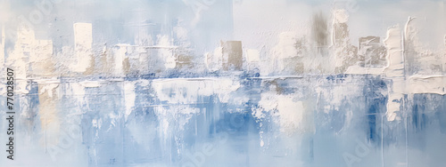 Abstract cityscape painting in blue and white with a textured palette knife technique.