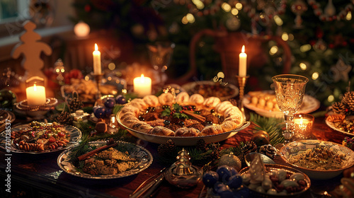 Festive Holiday Table Setting with Traditional Dishes and Decorations