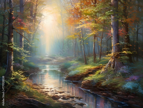 Panoramic image of a forest river in a foggy autumn morning