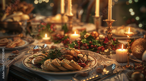 Festive Holiday Table Setting with Traditional Dishes and Decorations