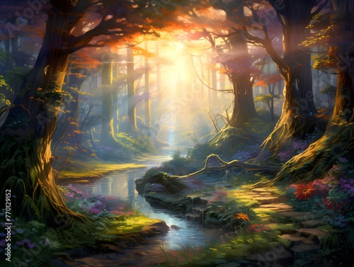 Digital painting of a magical forest with a stream in the foreground.