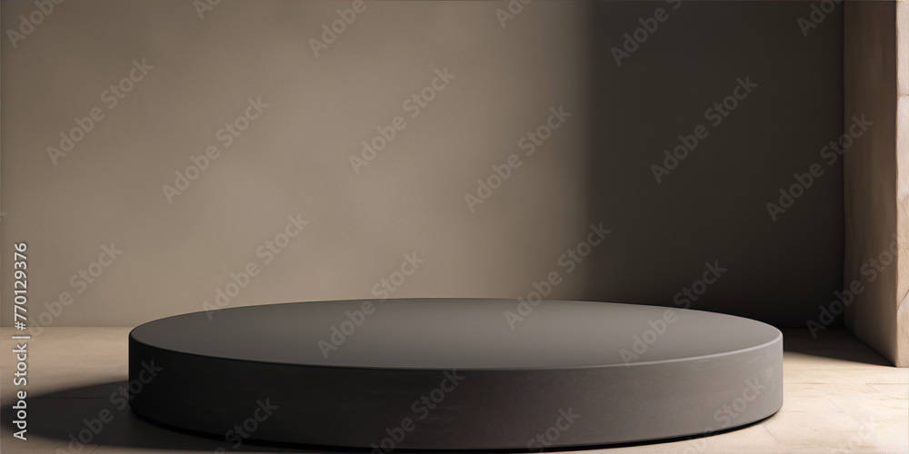 3D rendering of an empty concrete podium in a beige room with a spotlight 3D rendering of an empty concrete podium in a beige room with a spotlight