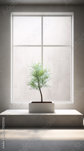 Minimalist interior design with a small potted tree in front of a large window