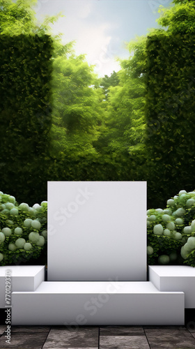 3D rendering of a white podium in a lush green garden with white flowers and a blue sky in the background.