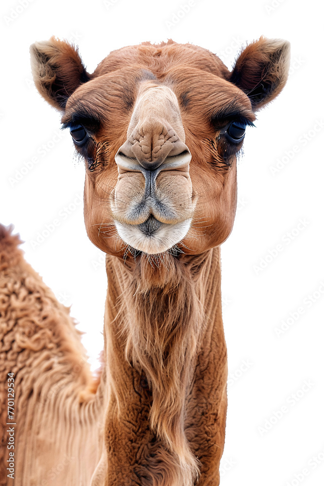 Obraz premium close up view of arabian camel head looking straight to the camera isolated on white background. zoom view of camel face.