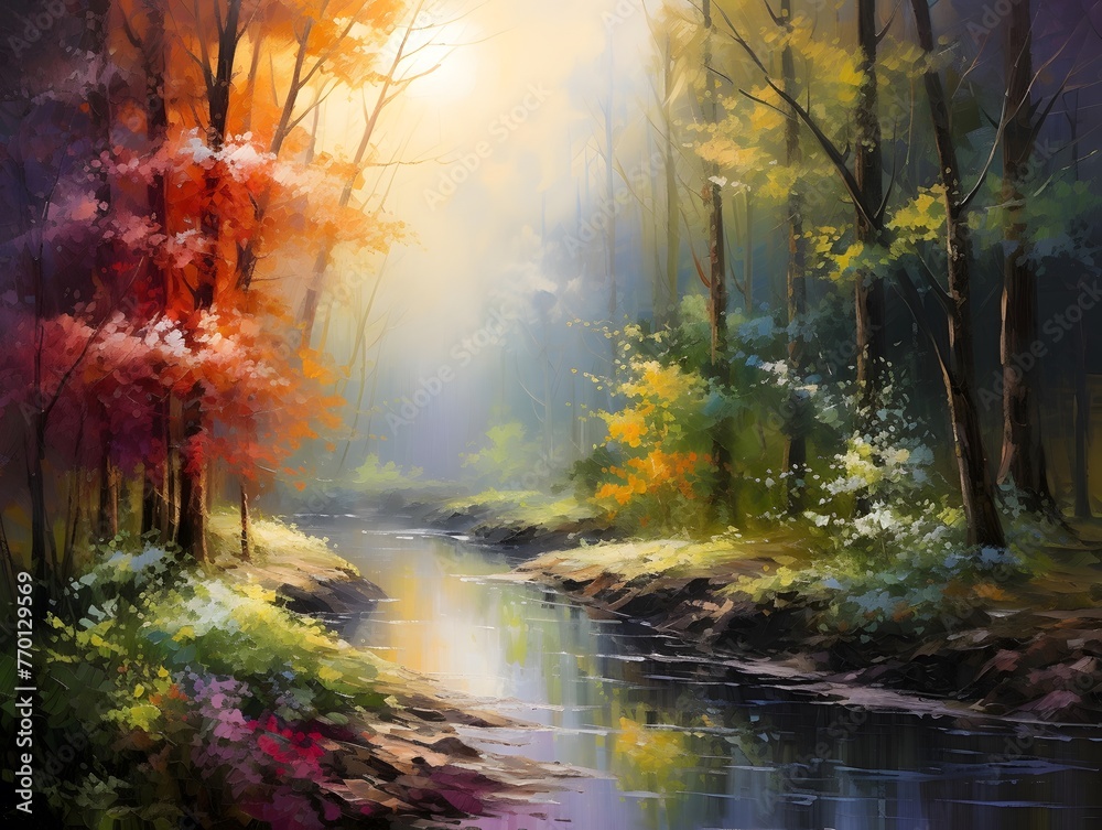 Colorful autumn landscape with river and forest. Digital painting, illustration.