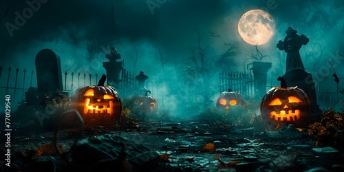 Spooky Halloween Scene with Jack-o'-Lantern. Concept Halloween Photoshoot, Spooky Props, Jack-o'-Lantern Portrait, Creepy Atmosphere