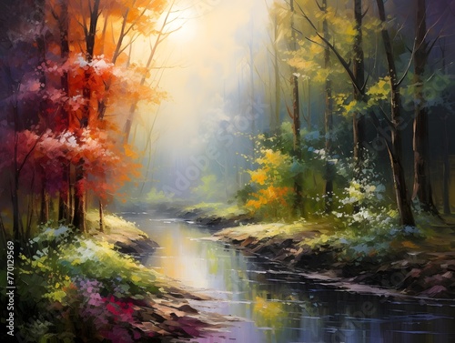 Colorful autumn landscape with river and forest. Digital painting, illustration. © Iman