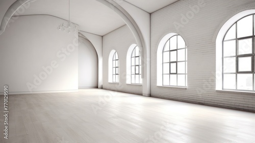 Empty room with arched window and shiplap flooring