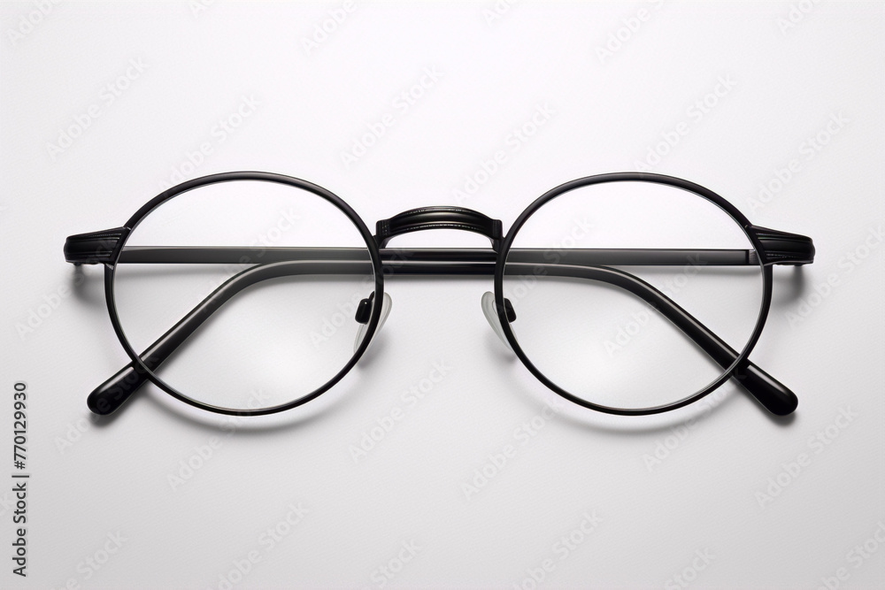 Black metal eyeglasses with round frames on a white background.