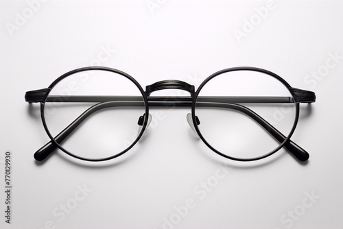 Black metal eyeglasses with round frames on a white background.