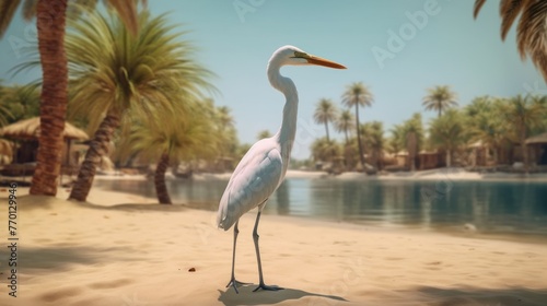 Beautiful white heron stands on golden beach with palm trees © KRIS