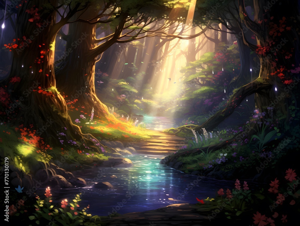 Fantasy landscape with magic forest and river. 3d illustration.