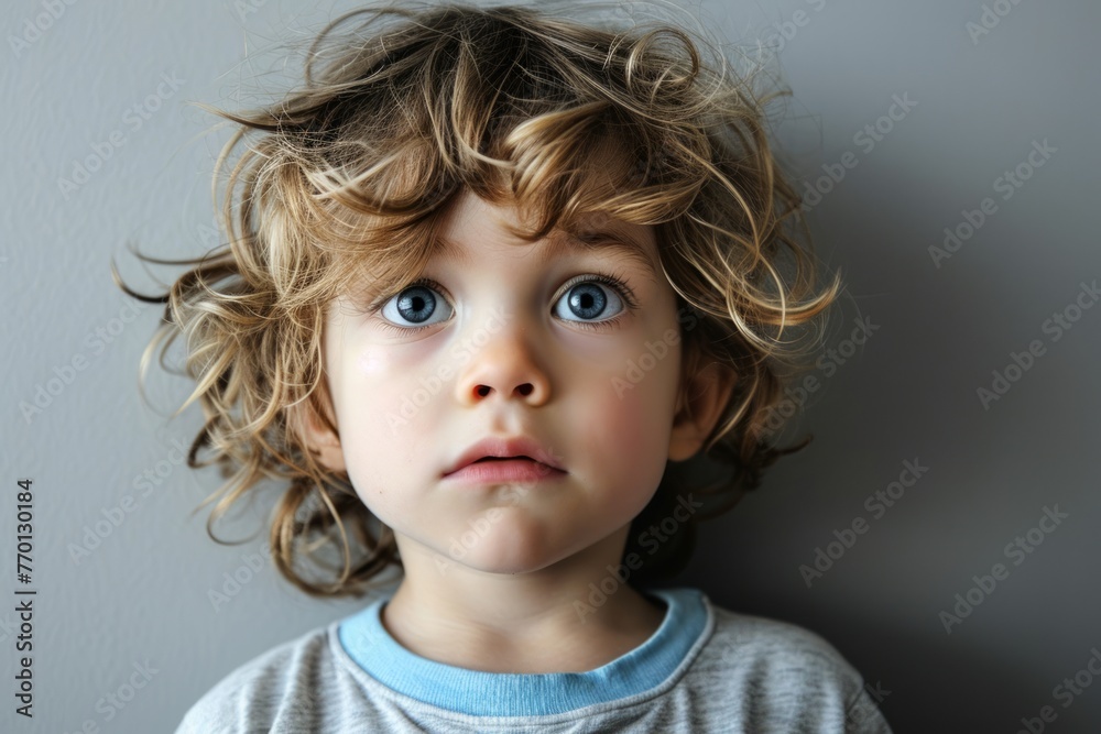 Portrait of a cute little boy with blond curly hair looking at camera Portrait of a cute little boy with blond curly hair looking at camera