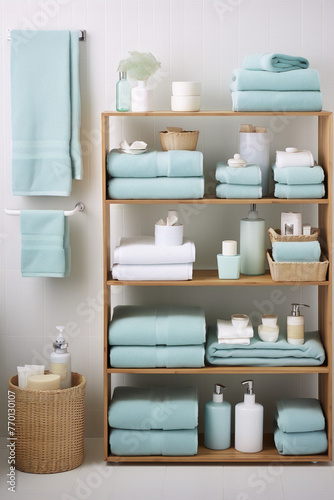 Bathroom interior in a contemporary style with mint green and white towels and bath products on wooden shelves and a wicker basket © AbdalahAmirah