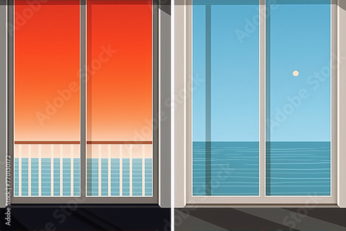 Two vector illustrations of a sunset and a seascape through a window in flat colors with a gradient background in the style of Hockney.