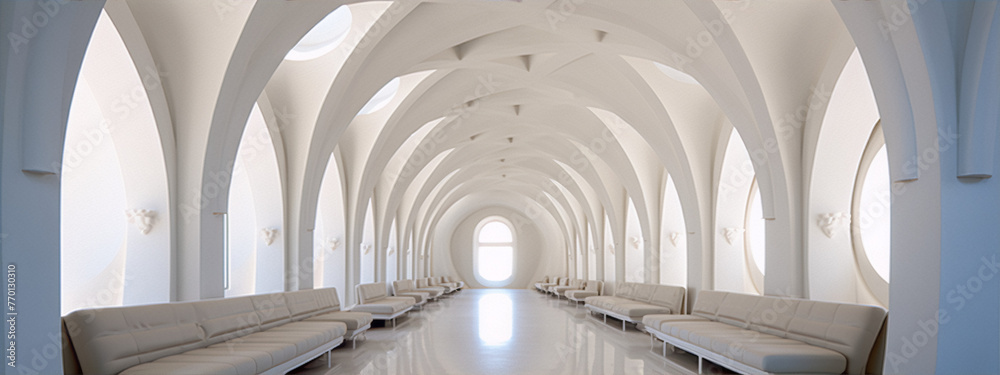 Futuristic interior space with white vaulted ceiling and walls and large arched windows
