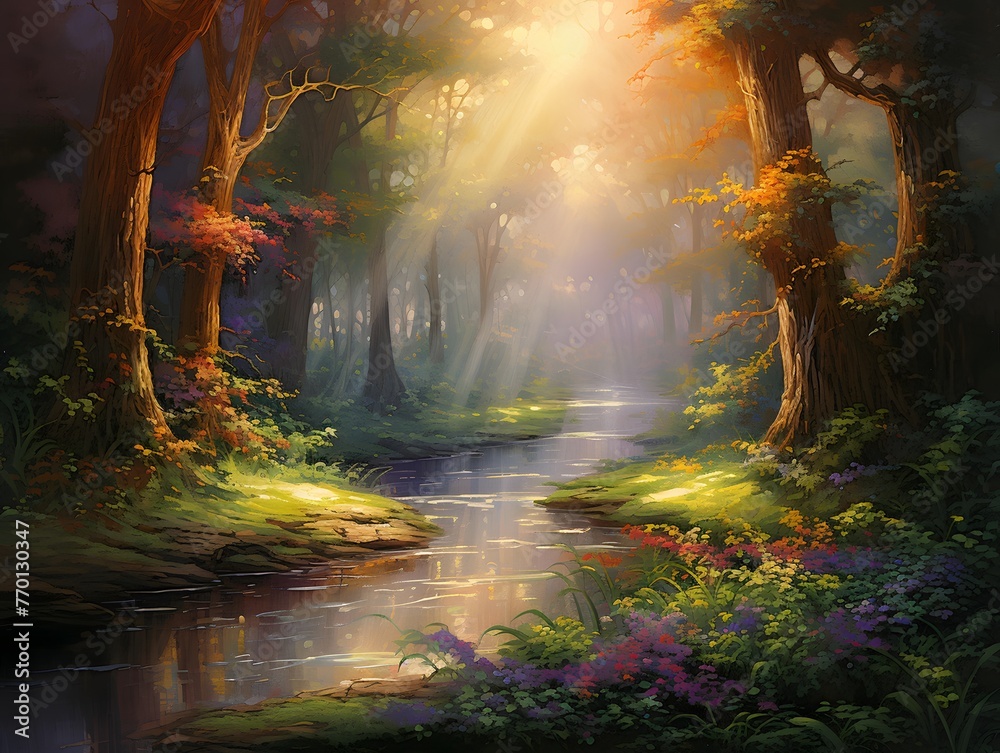 Autumn forest and river, panoramic illustration. Nature background