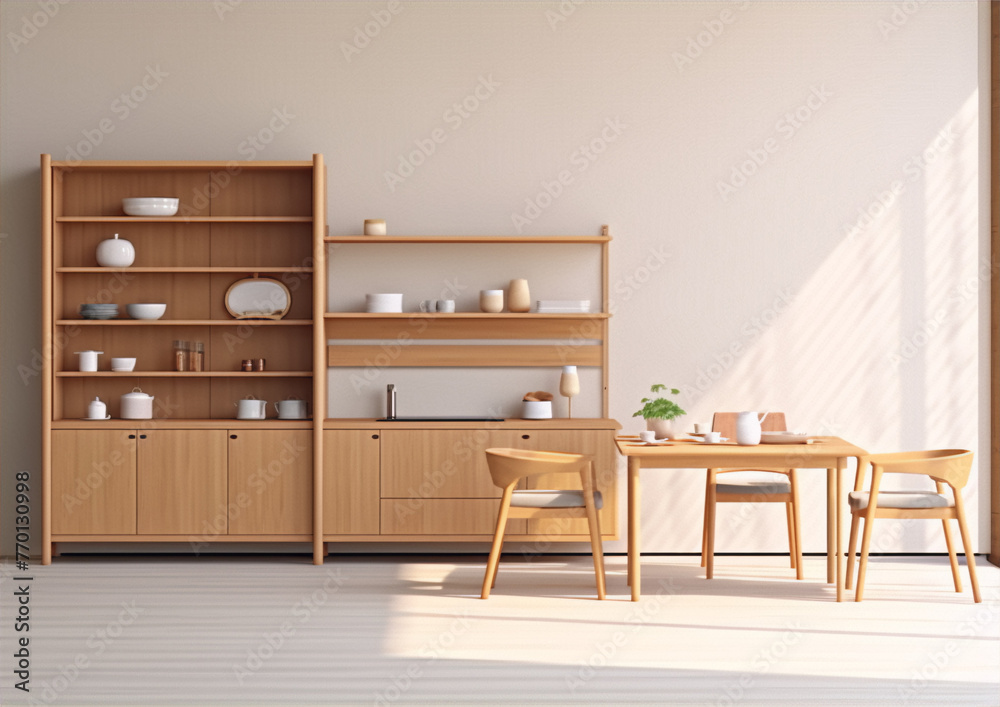 3D rendering of a minimalist Japanese style kitchen and dining room with wooden furniture and white walls in a bright and airy interior space. 3D rendering of a minimalist Japanese style kitchen and dining room with wooden furniture and white walls in a bright and airy interior space.