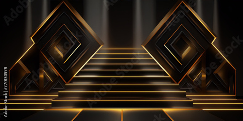 3D rendering of a dark and golden Art Deco style stage with spotlights