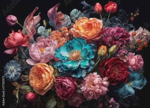 painting of a bouquet of flowers, primarily in shades of pink, blue, and purple, against a black background. © i-element