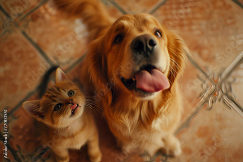 cute cat and dog waiting to be treated, top view, ready for food 