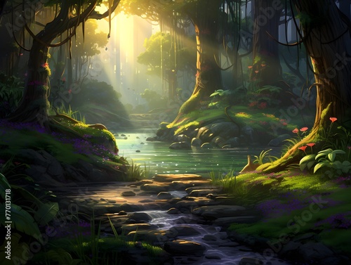 Digital painting of a river flowing through a forest with sunbeams