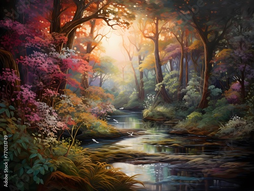 Beautiful autumn landscape with colorful trees and river. Digital painting. © Iman