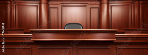 Classical interior of a courtroom with a judge's chair and a wooden judge's bench in a 3D illustration. photo