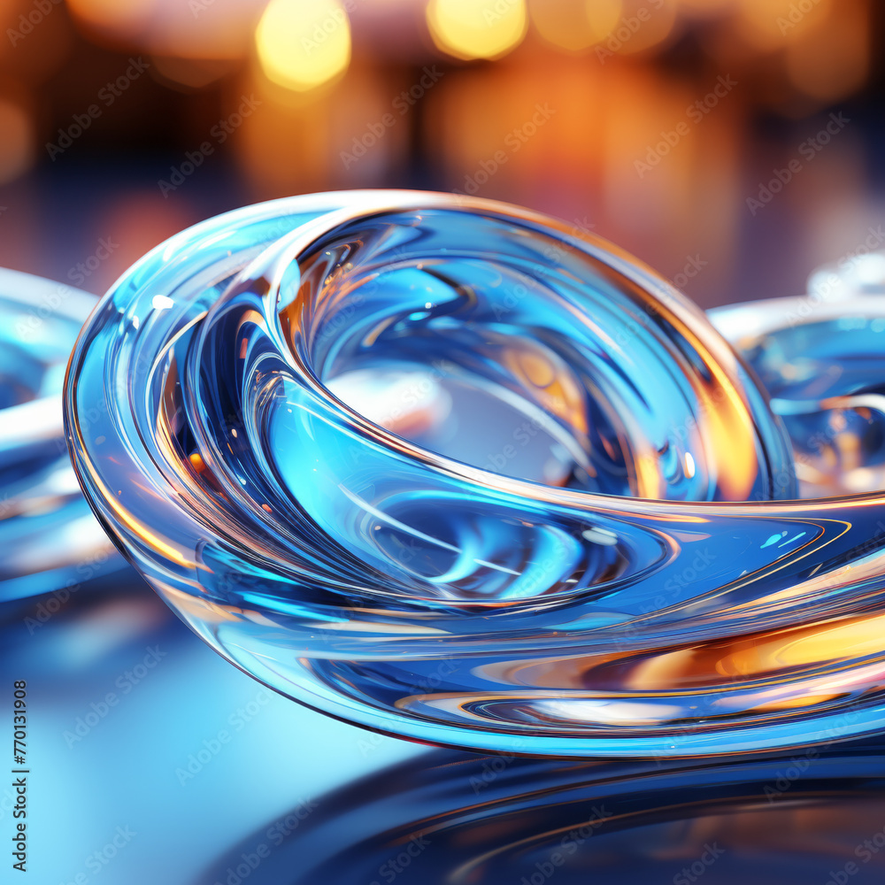 Abstract geometric blue background with glass spiral tubes, flow clear ...