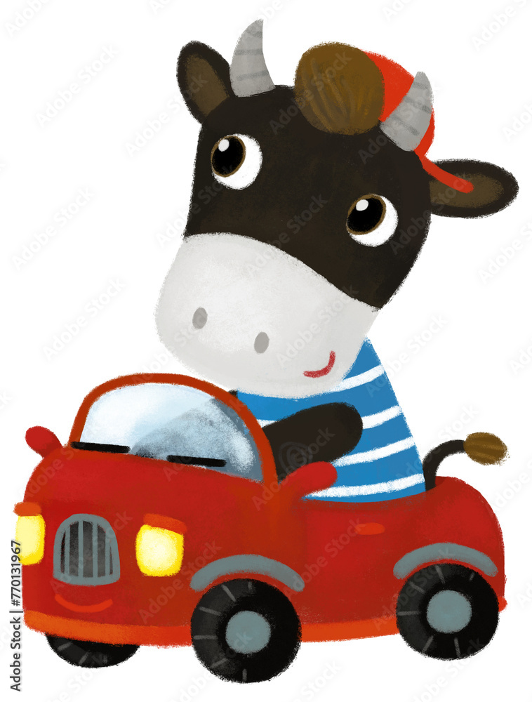 Naklejka premium cartoon scene with farm cow bull boy child driving car transportation illustration for children
