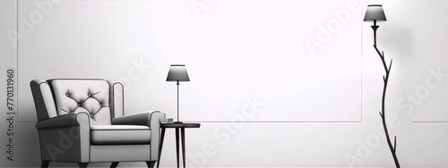 3D rendering of a minimalist living room interior with a tufted armchair, a side table, and a floor lamp in a black and white color scheme. photo