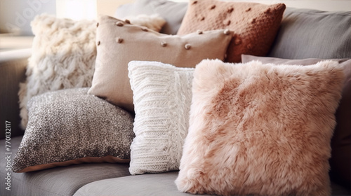 A variety of throw pillows in neutral colors arranged on a couch. photo