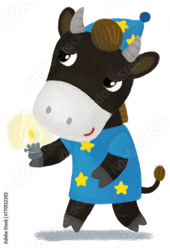 cartoon scene with farm bull cow boy child standing smiling and looking in dungerees illustration for children photo