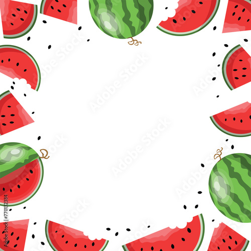 Cute and Fresh Hello Summer Banner Design Decorated with Hand Drawn  Watermelon Slices and seeds. Text Template. Summer Sale or Organic and Healthy Fruit Concept Can be printed or used in websites.