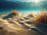 sand underwater, depicting grains of sand gently illuminated by sunlight filtering through the water, with subtle ripples and currents
