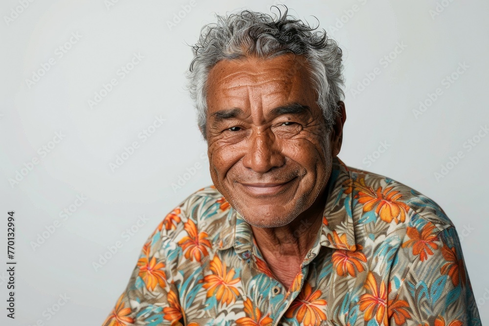 A man with a big smile on his face is wearing a floral shirt A man with a big smile on his face is wearing a floral shirt