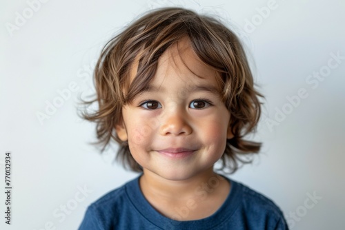 A young boy with short brown hair and a blue shirt is smiling